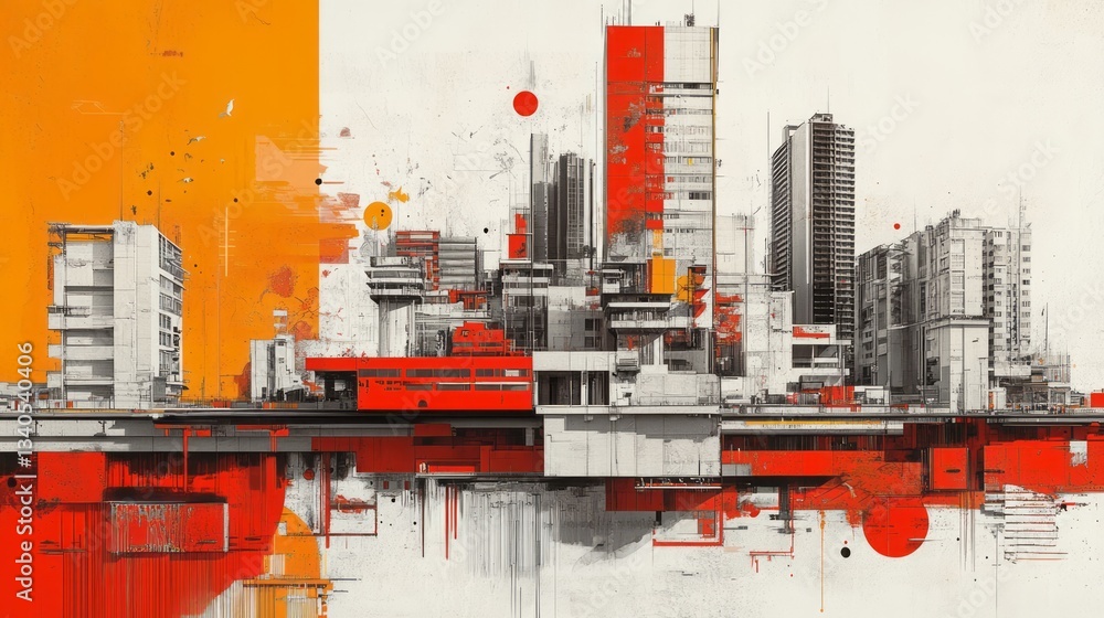 Fototapeta premium Abstract city landscape rendered in a stylized orange and red palette