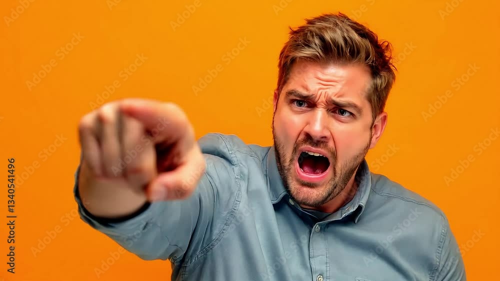 Angry Man Pointing Against Orange Background Angry Man Pointing Against Orange Background