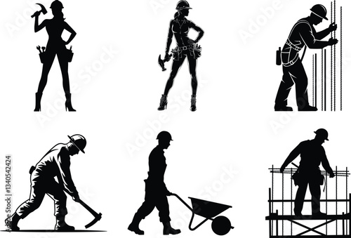 Construction worker black silhouette clipart SVG bundle design isolated on transparent background, worker icon bundle, builder silhouettes, helmet, contractor worker silhouette vector illustration. 