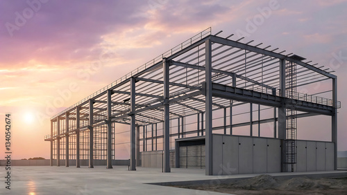 Aerial photography of automobile industrial park, construction site and sunset, structural steel beams being assembled for the construction