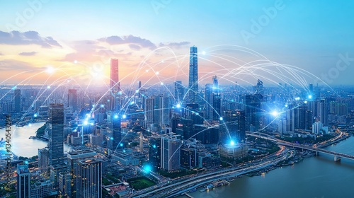 Wallpaper Mural City skyline with network connections representing modern communication Torontodigital.ca