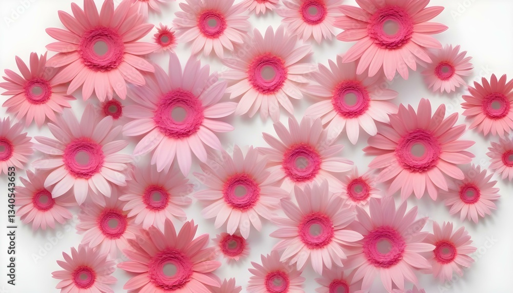 A digital art composition featuring a variety of pink daisy-like flowers arranged across the top of the frame, set against a stark white background A digital art composition featuring a variety of pink daisy-like flowers arranged across the top of the frame, set against a stark white background