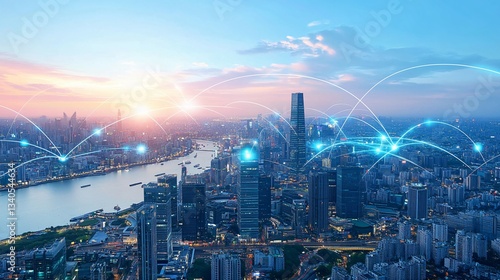 Wallpaper Mural Aerial view of a modern city with network connections displayed Torontodigital.ca