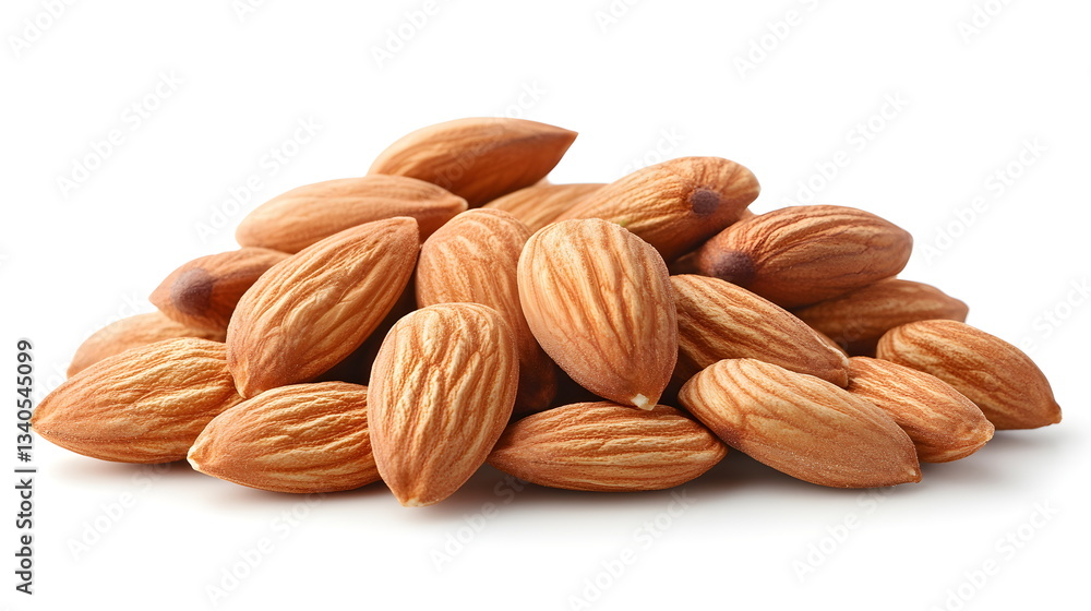 Almond heap isolated on white for healthy eating concept. Raw almond seed pile. Brown almond nut for snack nutrition and ingredient for confectionery use. Almond heap isolated on white for healthy eating concept. Raw almond seed pile. Brown almond nut for snack nutrition and ingredient for confectionery use.