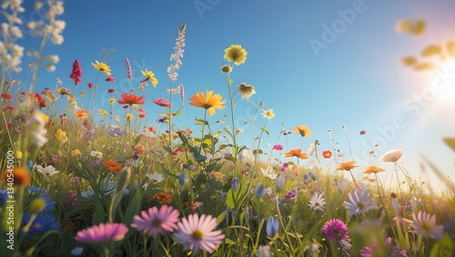 Radiant Wildflower Meadow Bathed in Sunshine Under a Clear Blue Sky