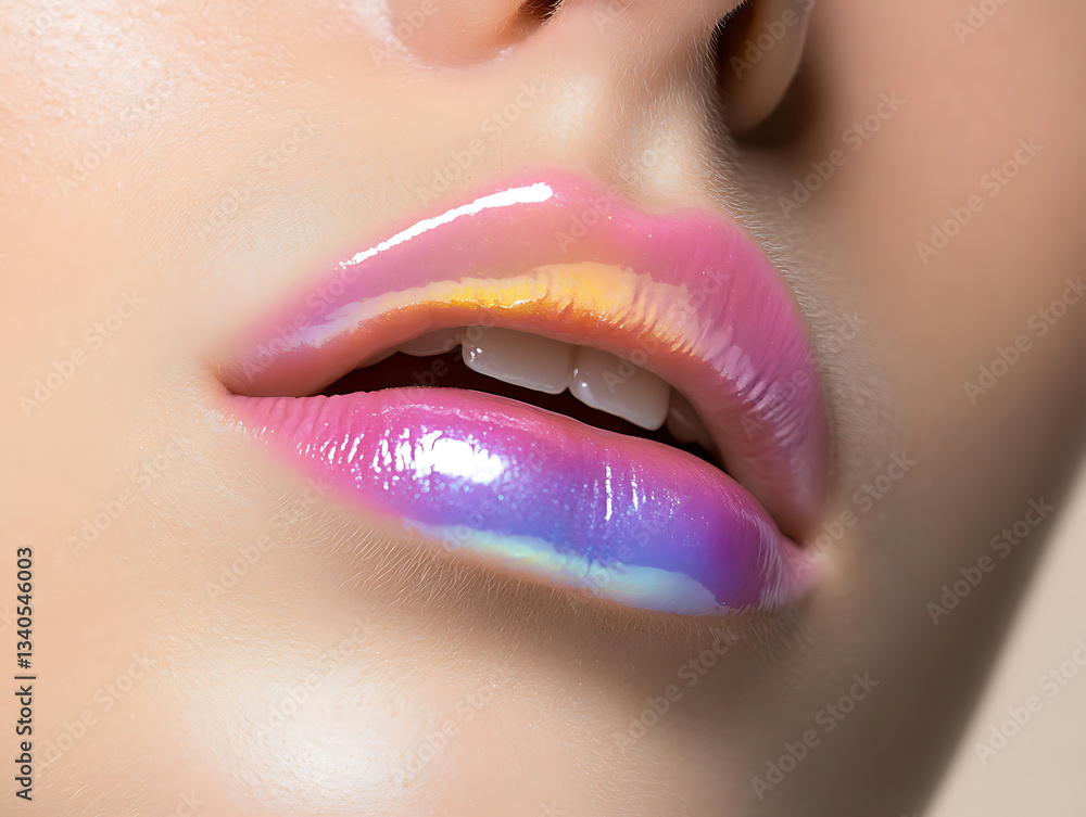 Fototapeta premium Glamorous Iridescent Lips: A close-up shot showcases exquisitely painted lips with an iridescent, glossy finish, reflecting a spectrum of colors and highlighting the artistry of makeup