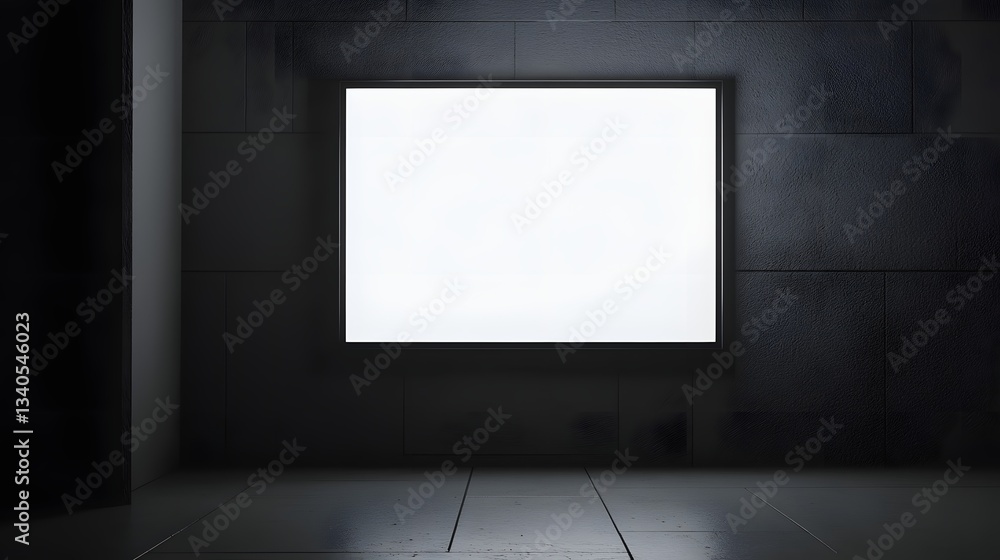 Blank illuminated billboard against dark textured wall surface inside Blank illuminated billboard against dark textured wall surface inside