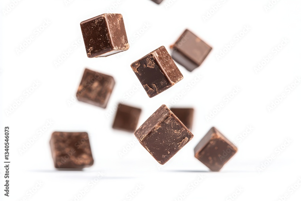 A delectable array of chocolate cubes suspended against a pristine white backdrop creating a sweet scene A delectable array of chocolate cubes suspended against a pristine white backdrop creating a sweet scene