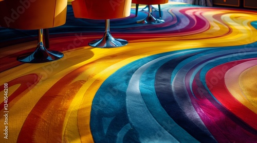 A striking rainbow-hued carpet with swirls of red, yellow, and blue, spread across the floor of a contemporary dining area with sleek furniture.