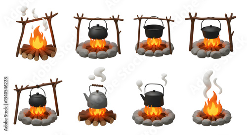 Cooking over a campfire set icons with pots and kettle illustration