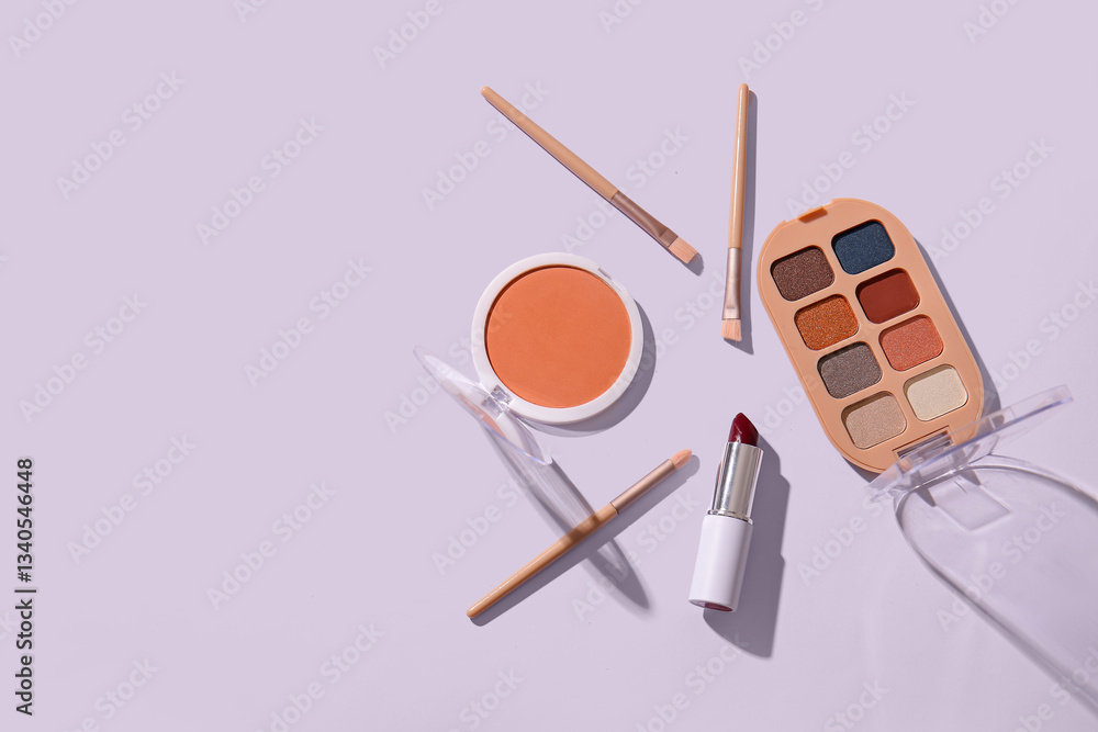 Fototapeta premium Set of cosmetic products and makeup brushes on light background