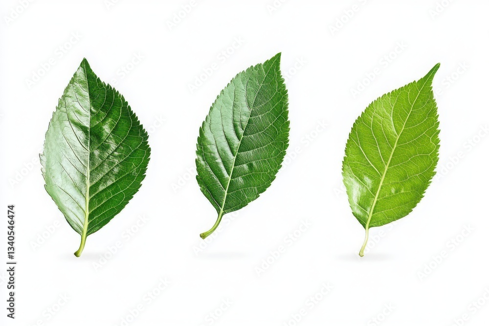 Fototapeta premium Three green leaves arranged in a row against a white background casting soft shadows below them