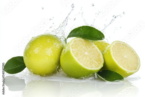 Fresh limes with water splash on a white background showing vibrant colors and clean presentation