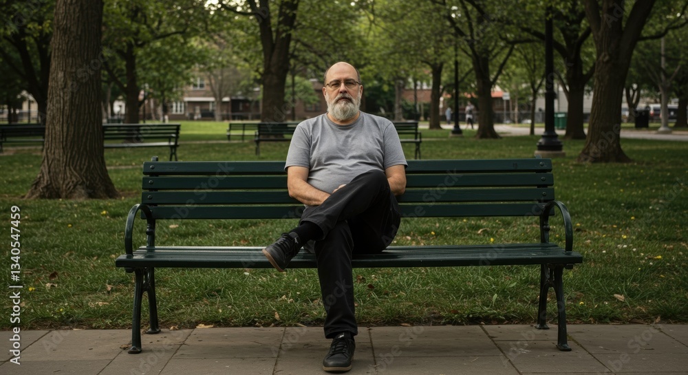 Mature Man Relaxing on Park Bench Amidst Lush Greenery in Urban Park Setting. Mature Man Relaxing on Park Bench Amidst Lush Greenery in Urban Park Setting.