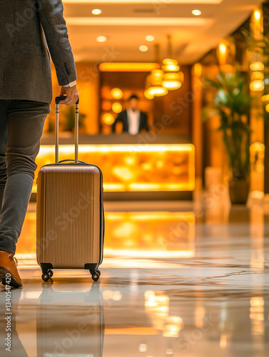 The lobby of an elite hotel where a traveler walks with an elegant suitcase.