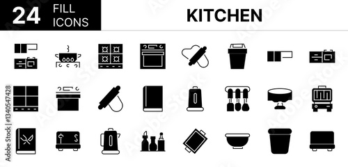 Collection of 24 kitchen fill icons featuring editable strokes. These outline icons depict various modes of kitchen, Equipment, Set, Icon, Garbage, Kitchen, Utensil, 