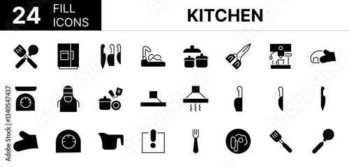 Collection of 24 kitchen fill icons featuring editable strokes. These outline icons depict various modes of kitchen, Equipment, Set, Icon, Garbage, Kitchen, Utensil, 