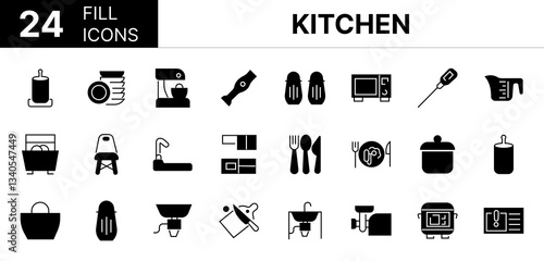 Collection of 24 kitchen fill icons featuring editable strokes. These outline icons depict various modes of kitchen, Equipment, Set, Icon, Garbage, Kitchen, Utensil, 