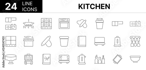 Collection of 24 kitchen line icons featuring editable strokes. These outline icons depict various modes of kitchen, Equipment, Set, Icon, Garbage, Kitchen, Utensil, 