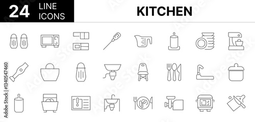 Collection of 24 kitchen line icons featuring editable strokes. These outline icons depict various modes of kitchen, Equipment, Set, Icon, Garbage, Kitchen, Utensil, 