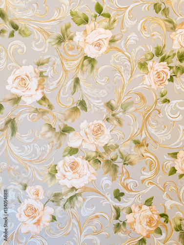 Designer floral pattern with delicate pastel roses and vines