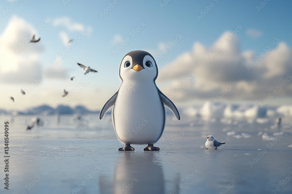 Obraz premium cute penguin standing on the ice, surrounded by magnificent glaciers and flying seagulls in the distance