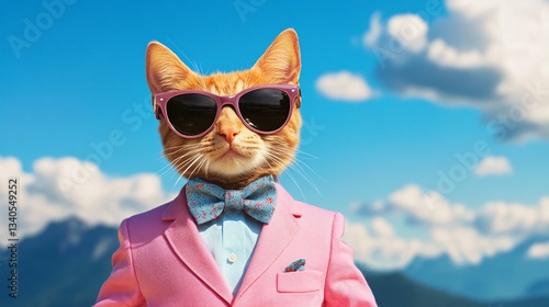 A dapper orange cat wearing sunglasses and a pink suit