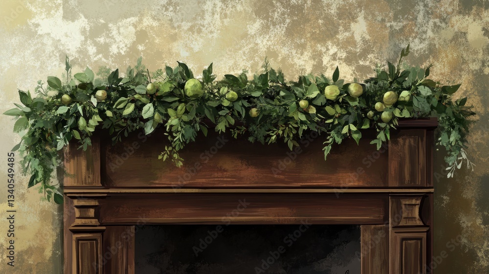 Garland of greenery wrapped around a wooden mantel, mantel, wreath illustration Garland of greenery wrapped around a wooden mantel, mantel, wreath illustration