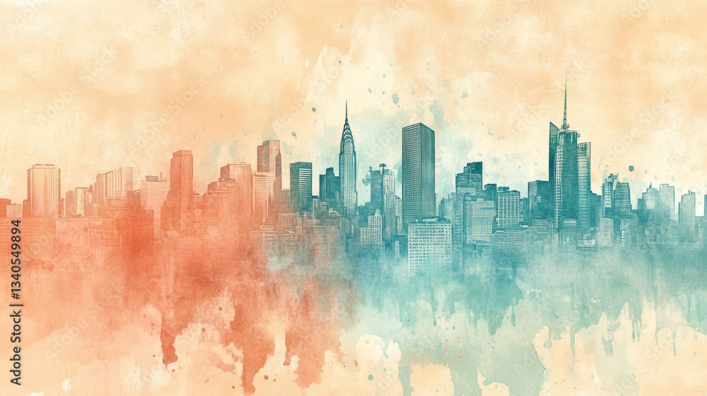 Fototapeta premium Vintage-style watercolor of mid-century city skyline with retro charm