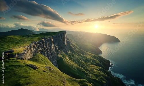 A breathtaking landscape featuring a cliffside overlooking a serene ocean at sunset, with lush green hills and dramatic clouds enhancing the natural beauty.mp4