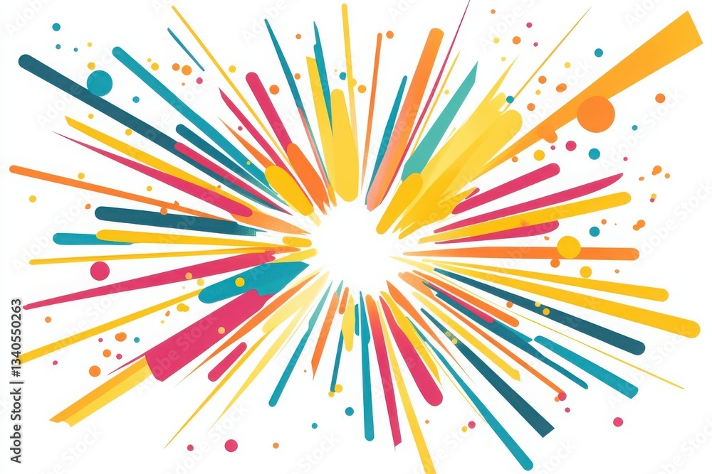Colorful burst design with lines and circles radiating from a central white point on white background Colorful burst design with lines and circles radiating from a central white point on white background