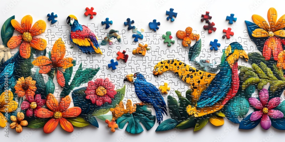 Obraz premium Colorful jungle puzzle showing tropical flowers, parrots, and leopard being assembled
