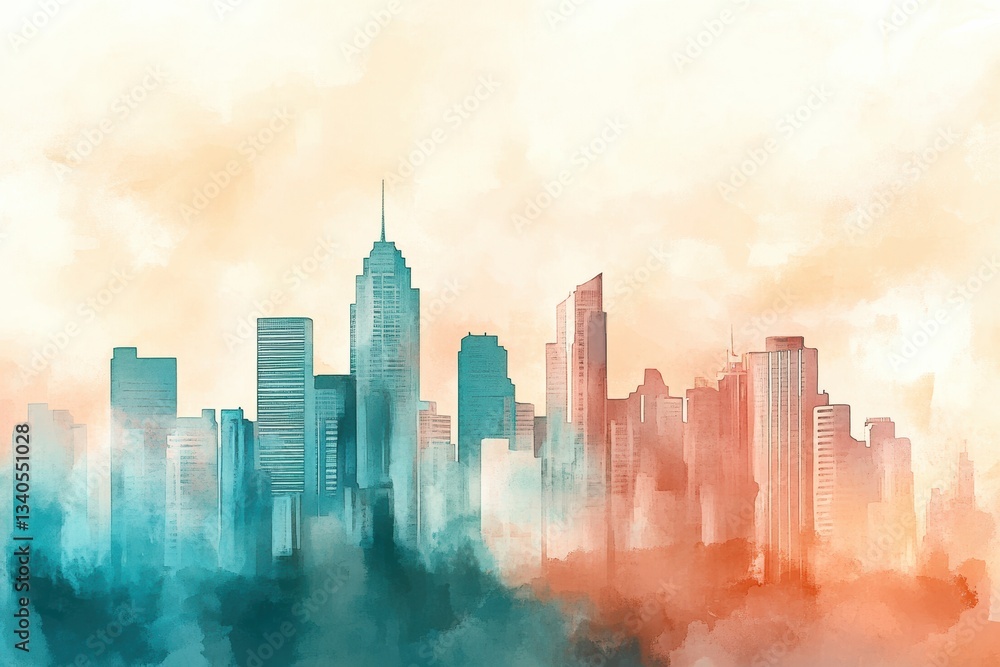Fototapeta premium Vintage-style watercolor of mid-century city skyline with retro charm
