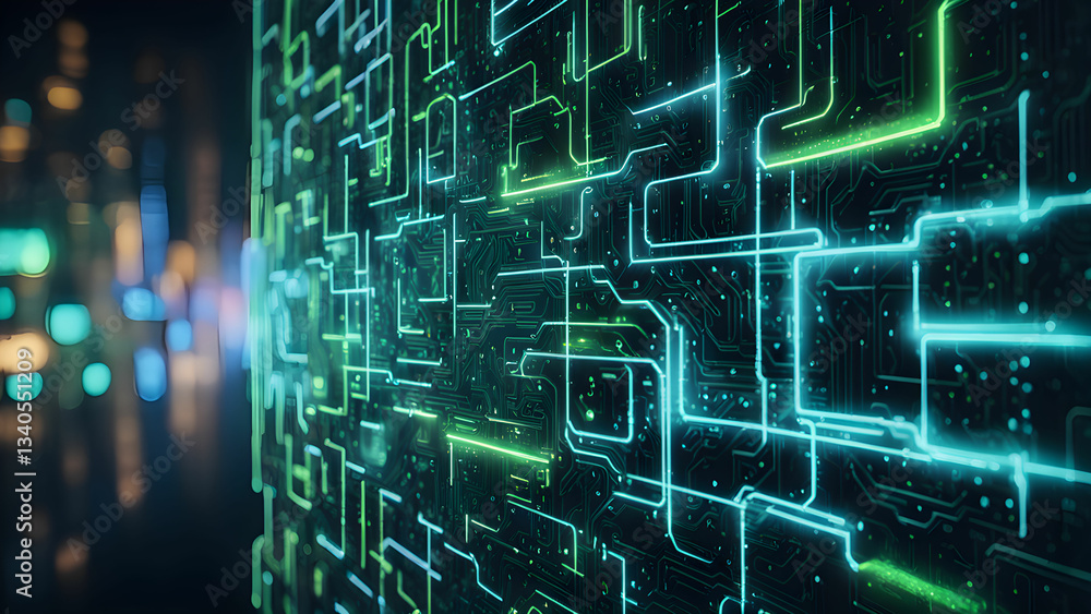 Naklejka premium Close-up a glowing abstract circuit board green blue neon lights.