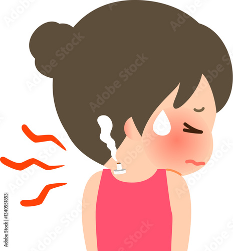 肩にお灸をすえる辛そうな表情の女性