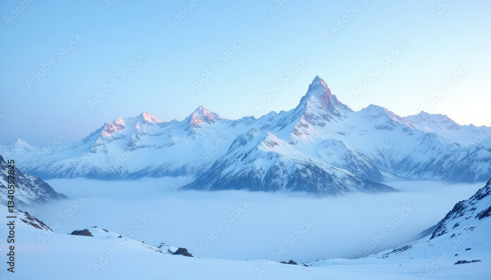Obraz premium Majestic mountain range with snow covered peaks and misty valley below, creating serene atmosphere