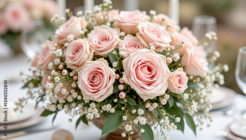 Fototapeta premium Soft pink roses arranged beautifully in floral centerpiece, surrounded by delicate greenery and small white flowers, creating elegant atmosphere