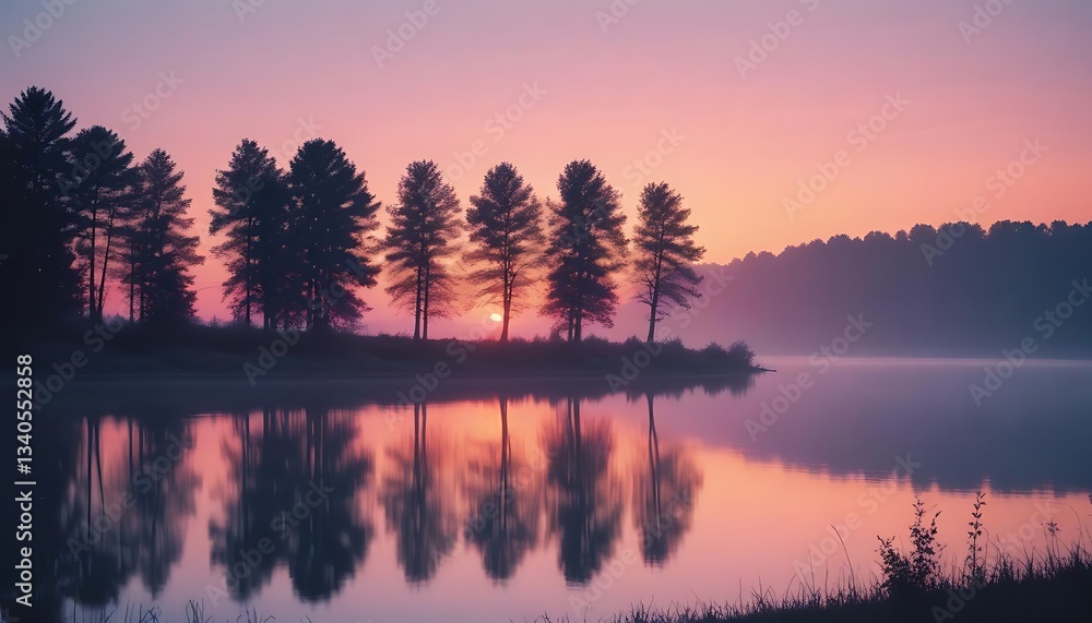 Obraz premium A beautiful tranquil lake scene with trees and colorful sunrise