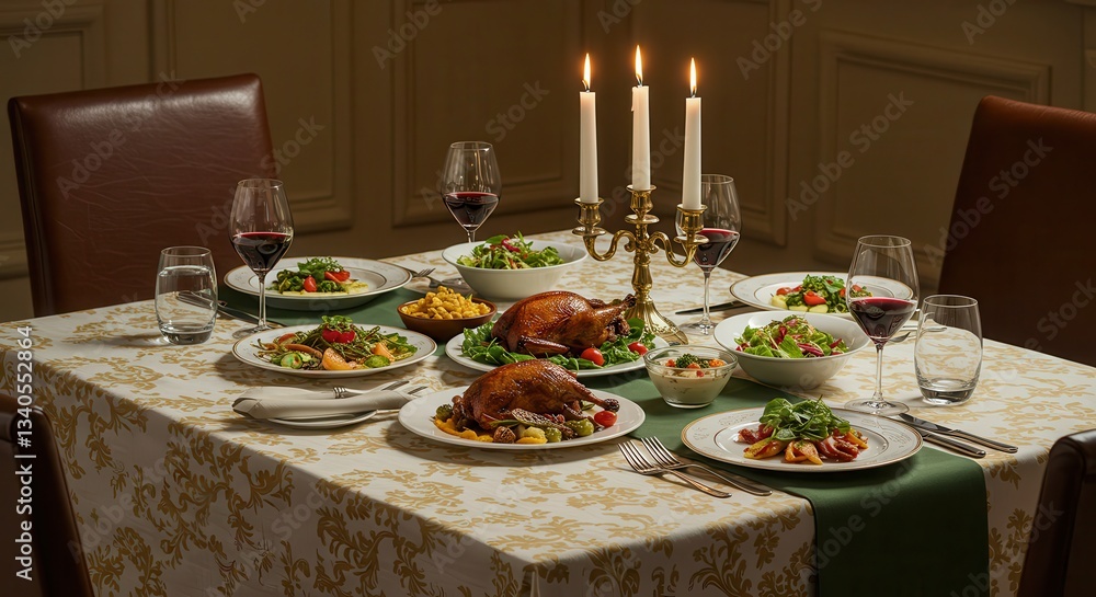 Fototapeta premium Festive Dinner Table Setting with Roasted Chicken and Elegant Decor