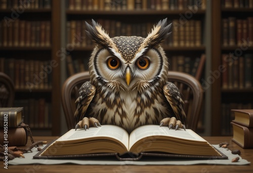 Wallpaper Mural Wise owl reading a book in a library setting Torontodigital.ca