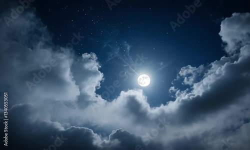 Bright full moon illuminating a starry night sky with dramatic clouds drifting across. 