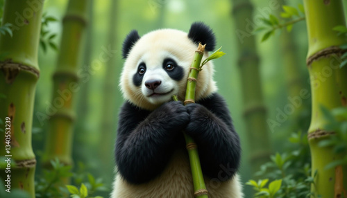 cute giant panda holding bamboo in lush green forest, surrounded by bamboo stalks, exuding playful and gentle vibe