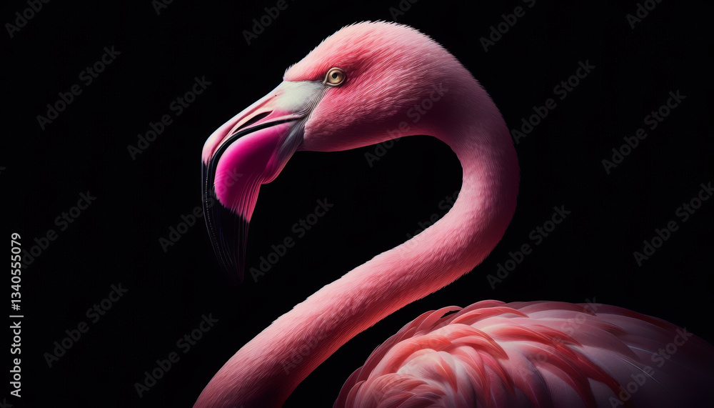 Naklejka premium Beautiful flamingo close-up on a black background.