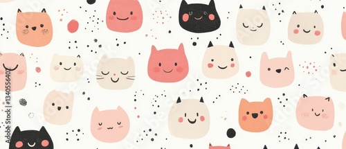 Minimalist kawaiistyle face doodles forming a seamless pastel pattern, clean lines, and soft neutral hues