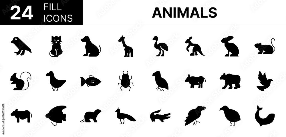 Naklejka premium Collection of 24 Animal fill icons featuring editable strokes. These outline icons depict various modes of Animal, Horse, Cow, Turtle, Bird, Camel, Dog,