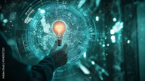 Hand holding illuminated lightbulb with futuristic digital background