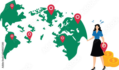 businesswoman marks points on globe, transnational company and international trade