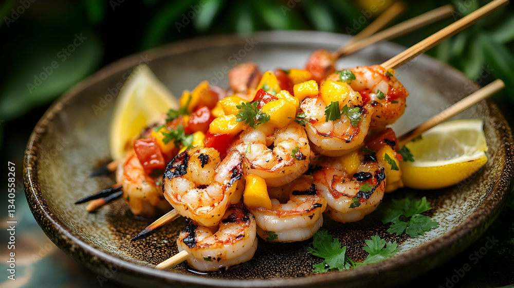 Grilled Shrimp Skewers with Mango Salsa and Lemon Wedge on Rustic Plate Grilled Shrimp Skewers with Mango Salsa and Lemon Wedge on Rustic Plate