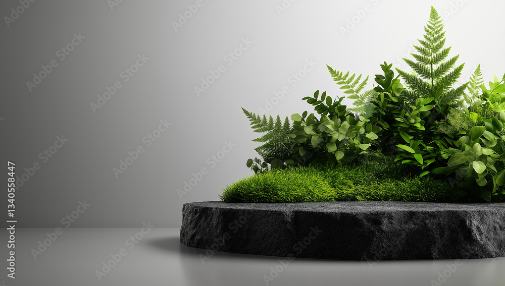 Lush greenery with ferns and moss on textured stone platform, creating serene and natural atmosphere. Ideal for nature themed designs and backgrounds Lush greenery with ferns and moss on textured stone platform, creating serene and natural atmosphere. Ideal for nature themed designs and backgrounds