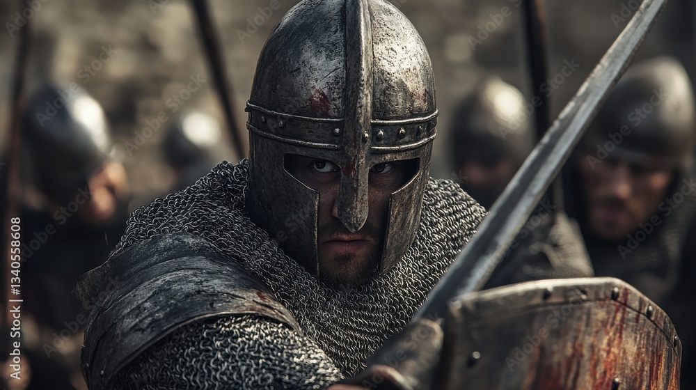 Medieval warrior in battle. Medieval warrior in battle.